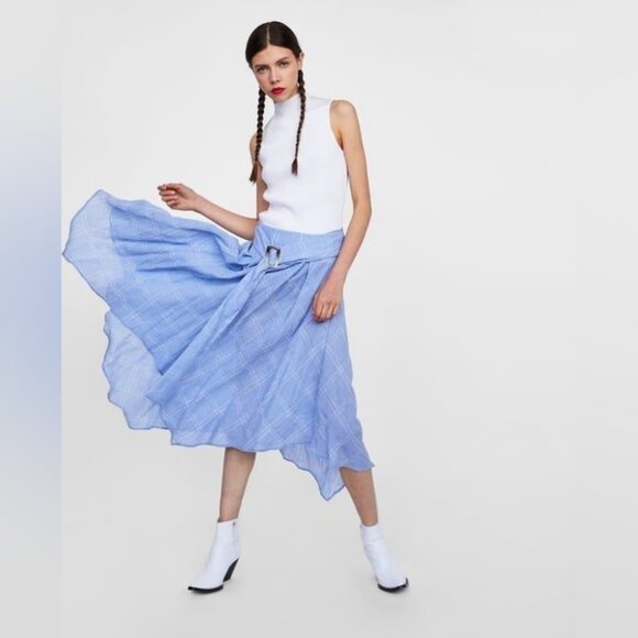 Zara Checked Asymmetrical Cotton Belted Midi Skirt Size S - Picture 6 of 8